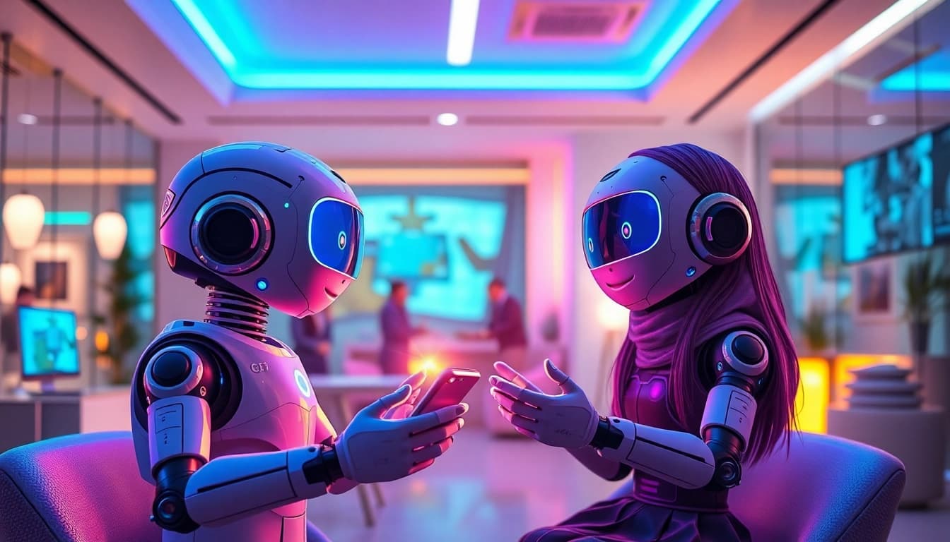 Engaging AI conversation scene featuring crushonai companions in a vibrant, digital environment.
