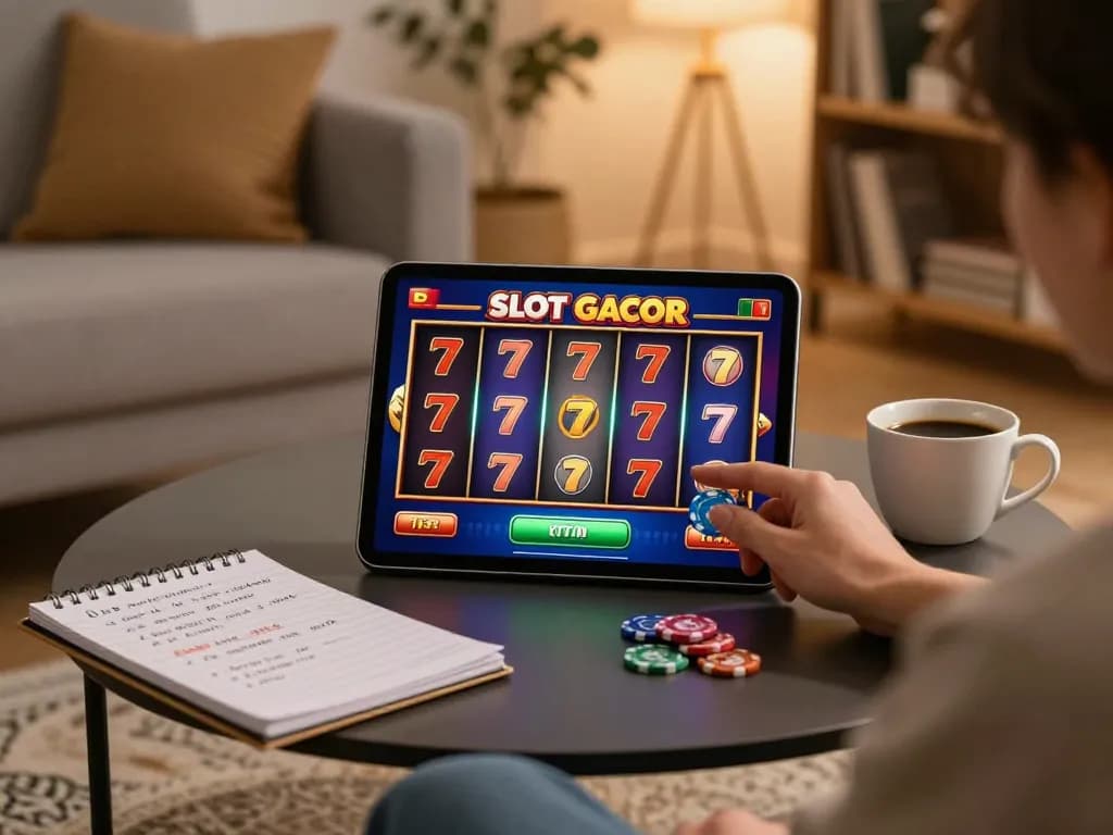 Engaged player interacting with SLOT GACOR 777 online gaming on a tablet at home with cozy ambiance.