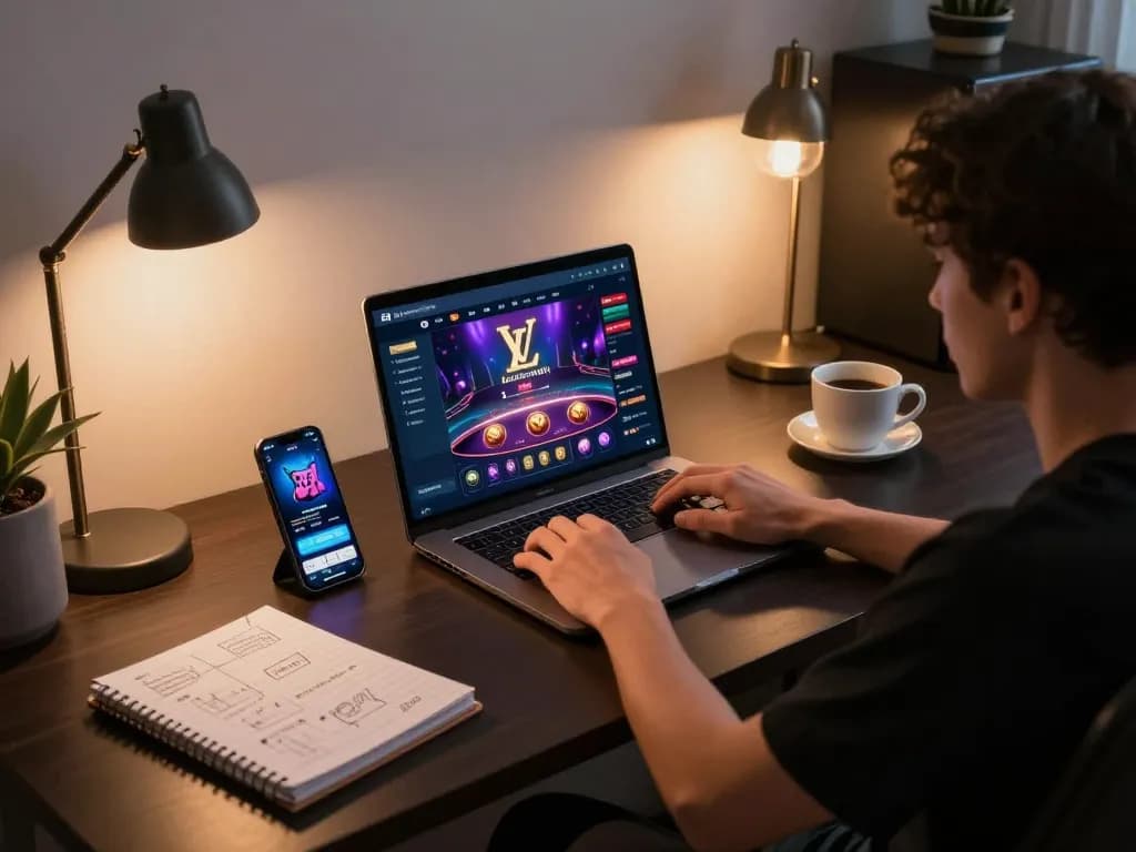 Engaged player exploring LV88 online casino features on laptop, enjoying strategic gameplay experience.