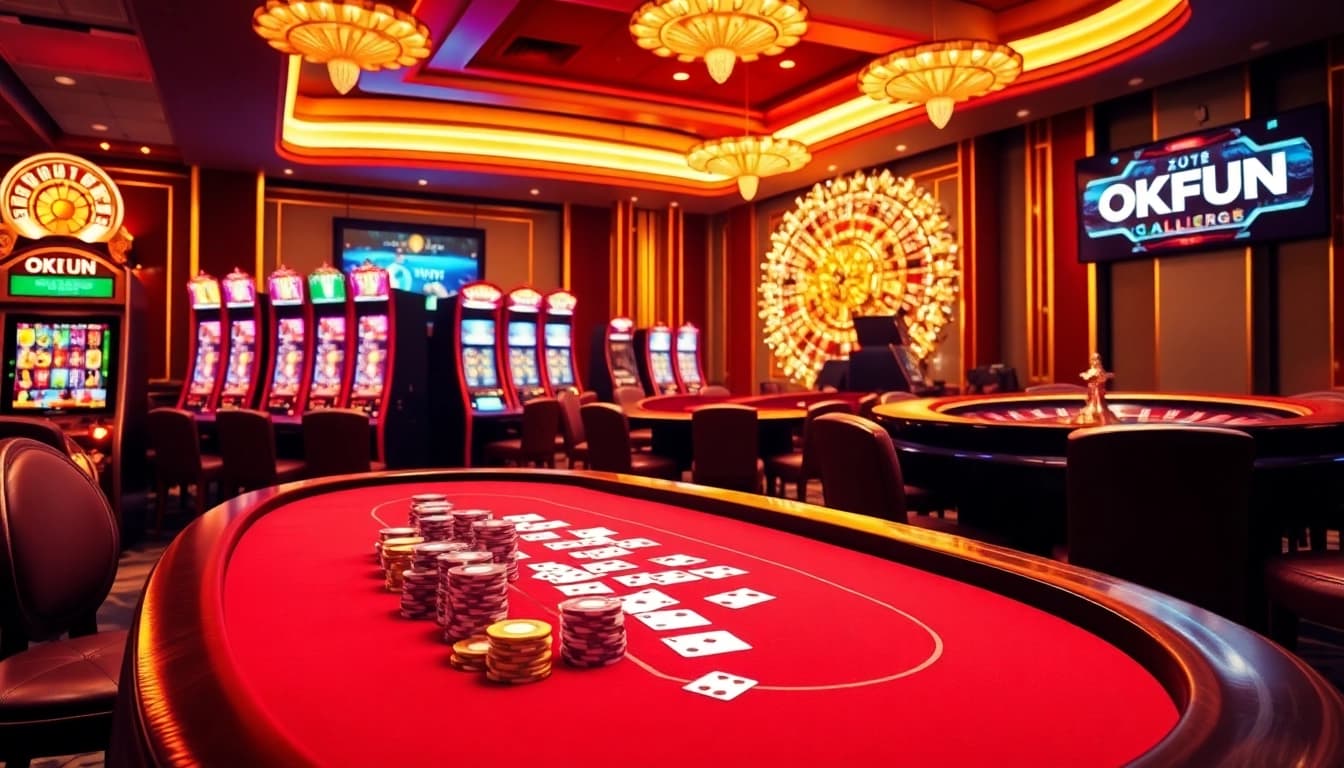 Exciting gaming at trang chủ okfun showcasing vibrant tables, slots, and a roulette wheel.