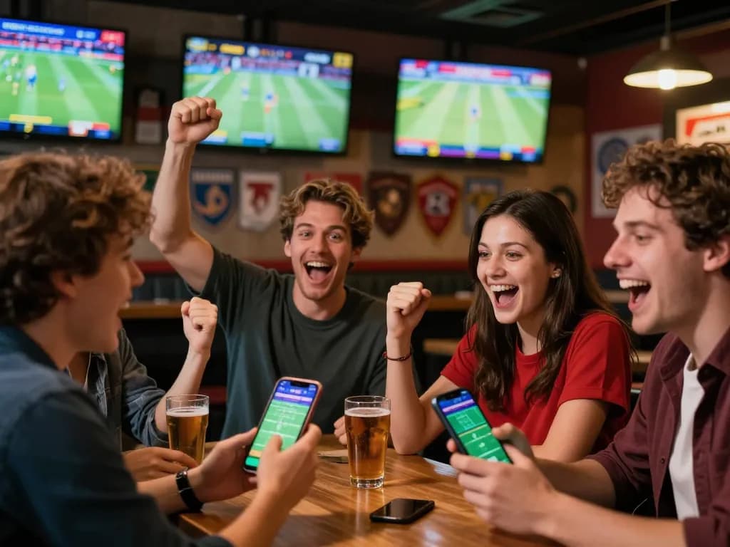 Friends celebrating a winning bet while using fabet's sports betting app in a vibrant bar atmosphere.