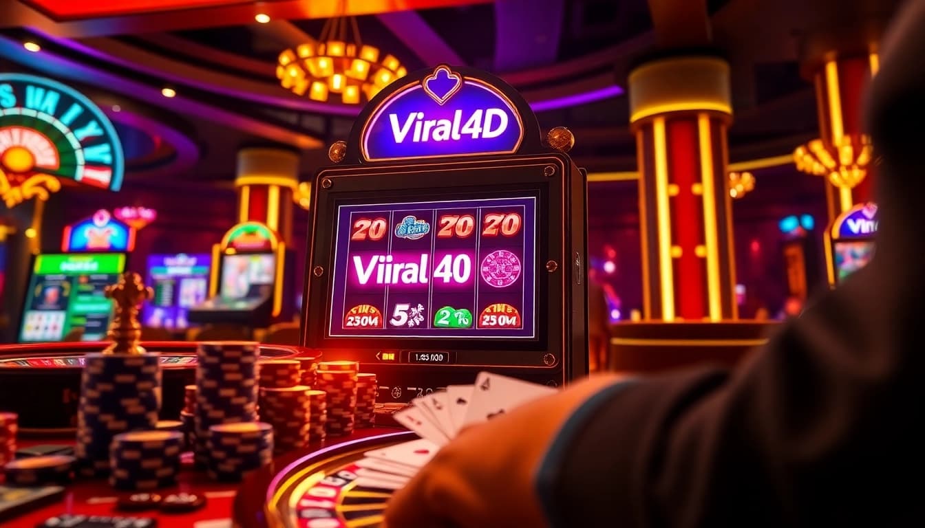 Spin the Viral4D slot machine surrounded by poker chips and a roulette wheel in a vibrant casino.