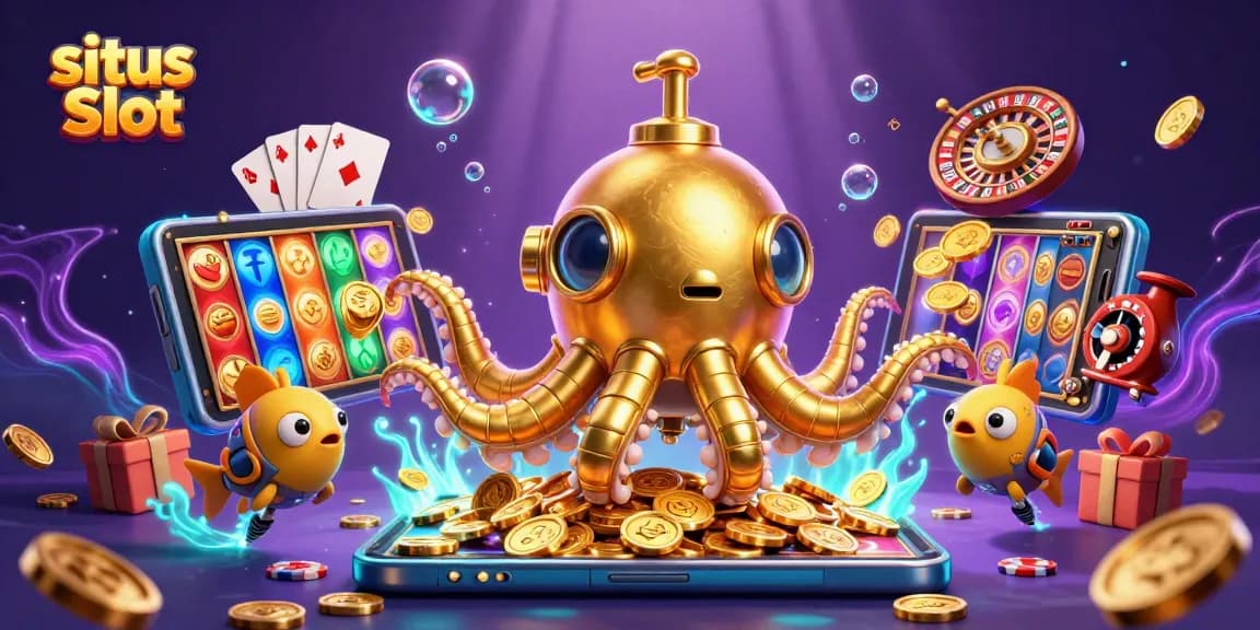 Engage with situs Slot as a 3D golden kraken submarine surfaces amidst casino symbols, enhancing your gaming experience.