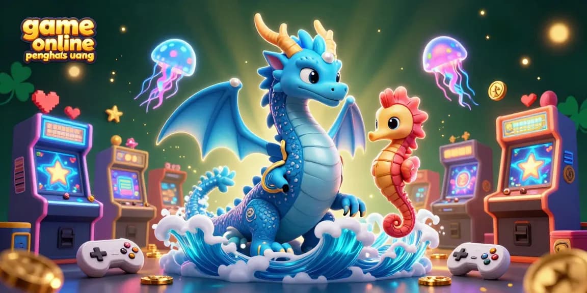 Permainan online penghasil uang dengan naga air dan penunggang kuda laut dalam ilustrasi 3D yang kaya detail