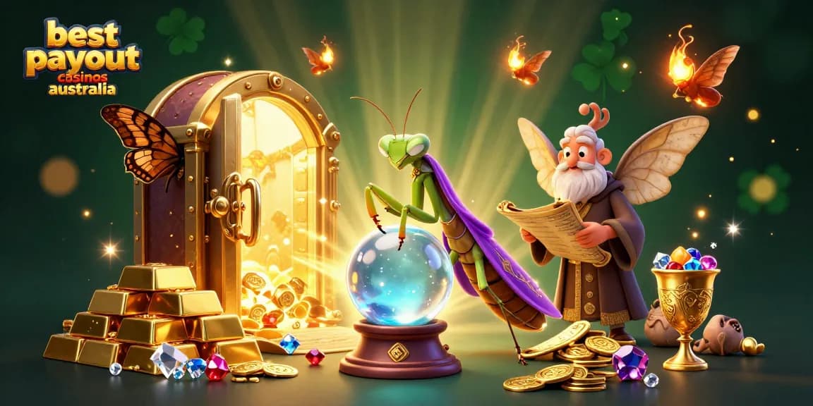 Experience the best payout casinos Australia with a whimsical fortune teller revealing riches.