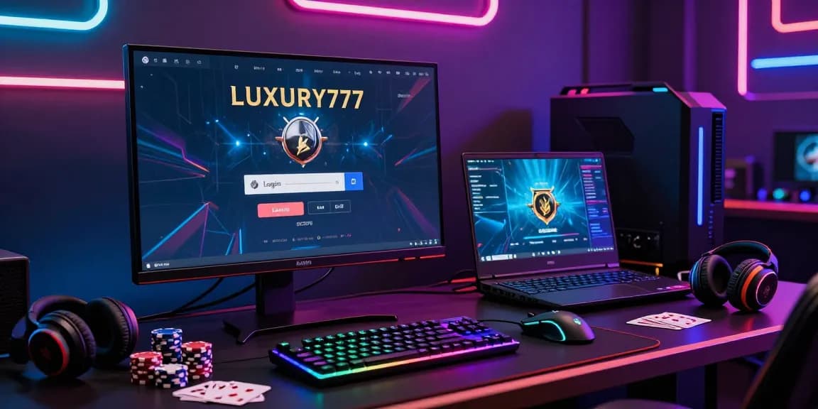 Menampilkan pengaturan gaming online dengan monitor yang menunjukkan Login LUXURY777 dan peralatan bermain yang mendukung pengalaman bermain.