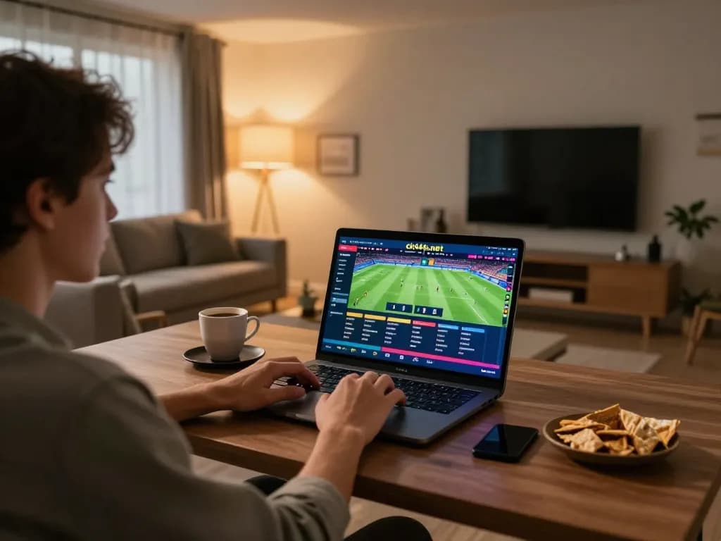 Player betting on sports at https://ck444s.net/ with laptop on cozy home desk, enjoying a home gaming experience.