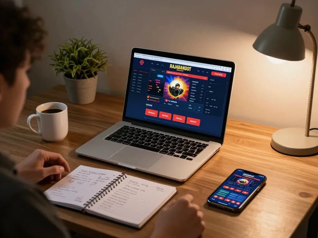 Player engaged in RAJABANDOT macau online gaming on a laptop at home, showcasing betting strategies.