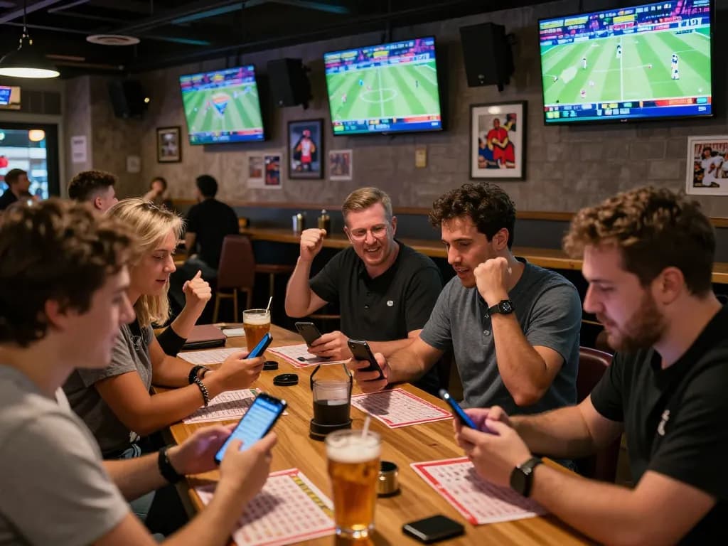 Engaged sports bettors analyzing odds and placing wagers on ZEUS222 during a lively game night.