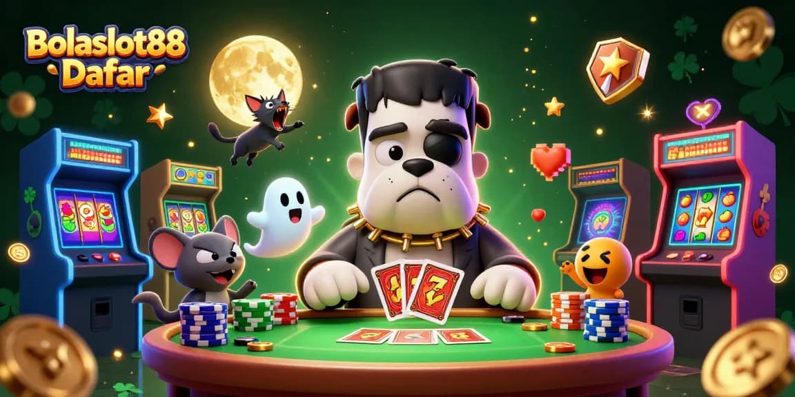 Bolaslot88 Daftar enchanting scene featuring a Frankenstein bulldog playing cards amidst slot machine symbols and lucky charms.
