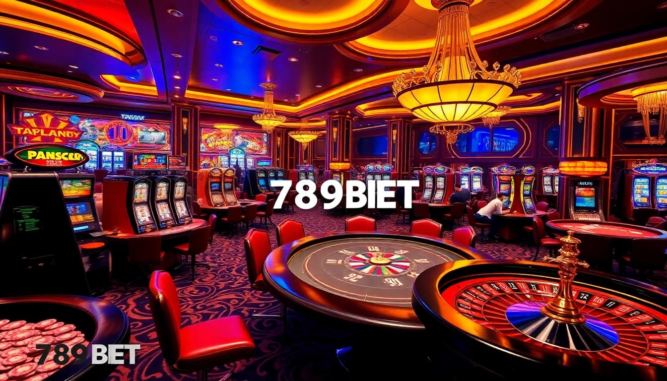 Experience the thrill of 789BET with an engaging casino scene featuring poker, roulette, and slot machines.