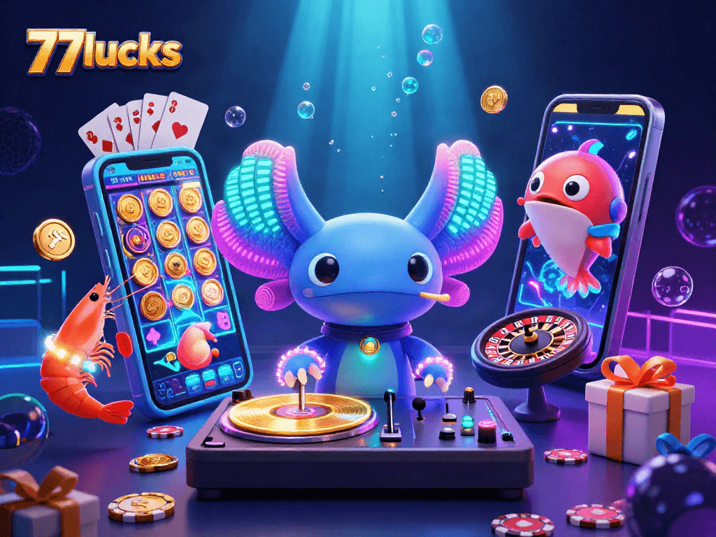 77lucks menghidupkan suasana dengan DJ axolotl berwarna neon dan permainan kasino yang menarik
