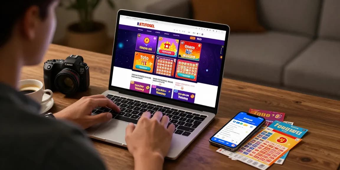 RATUTOGEL: Pengguna menikmati pengalaman togel online di rumah dengan laptop dan tiket togel.