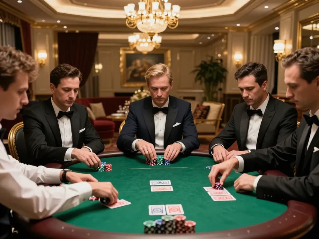 TG88 players engaging in high-stakes poker game, showcasing strategic betting and luxury atmosphere.