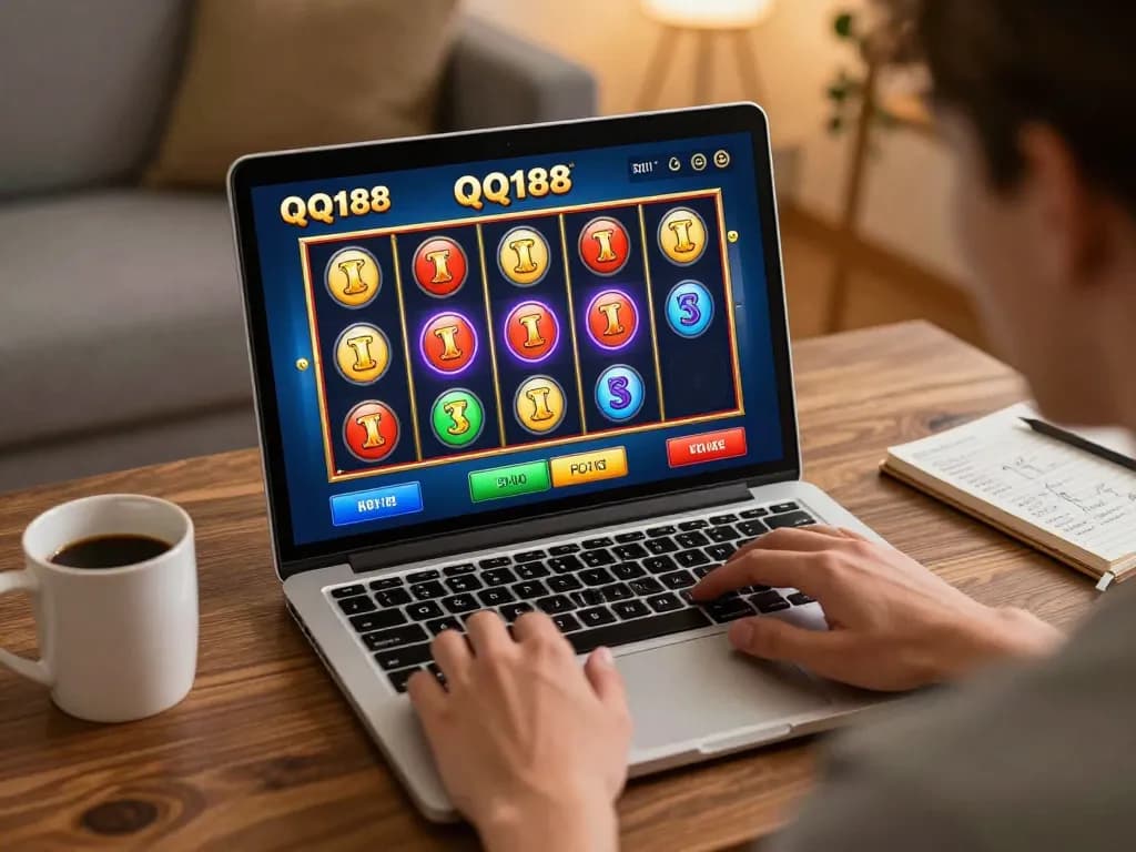 Bergabung dengan QQ188 Slot di laptop dalam pengaturan rumah yang nyaman, menyoroti permainan daring yang cerah
