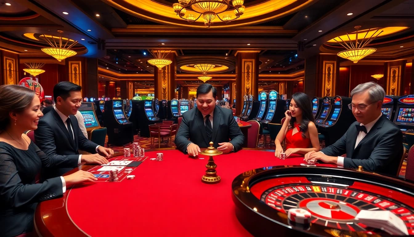 Situs11 poker players at an elegant table, enjoying an exciting casino atmosphere.