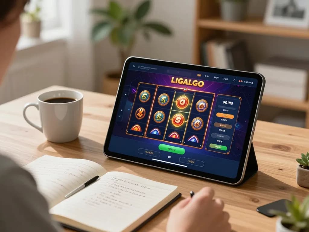 LIGALGO interactive gaming session on tablet with strategies visible in cozy home office.