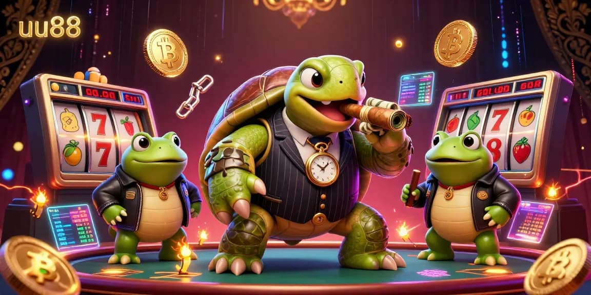 Engage in thrilling casino action with uu88 featuring a vibrant, packed scene of a snapping turtle mobster and bullfrog enforcers.