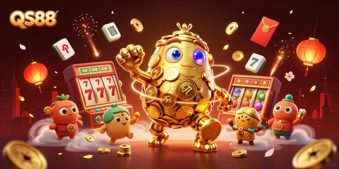 Spin the reels of QS88 with a vibrant golden golem and rich gambling elements in a captivating scene.