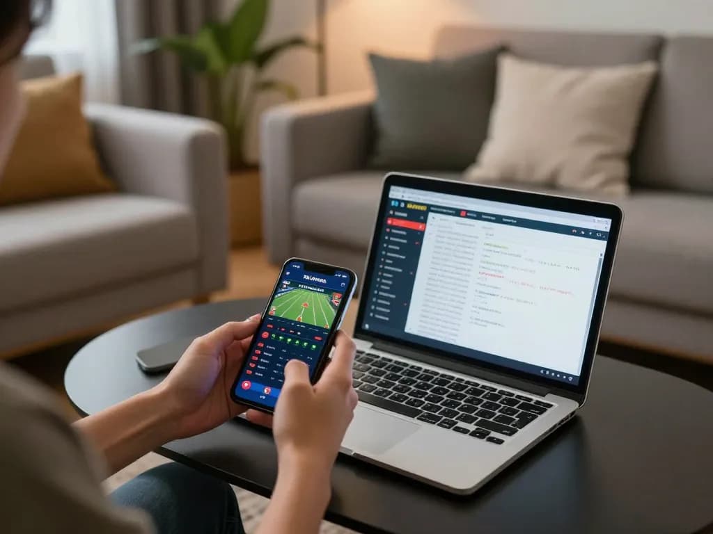 Betting on sports through 78win app in a cozy home environment with a smartphone and laptop.