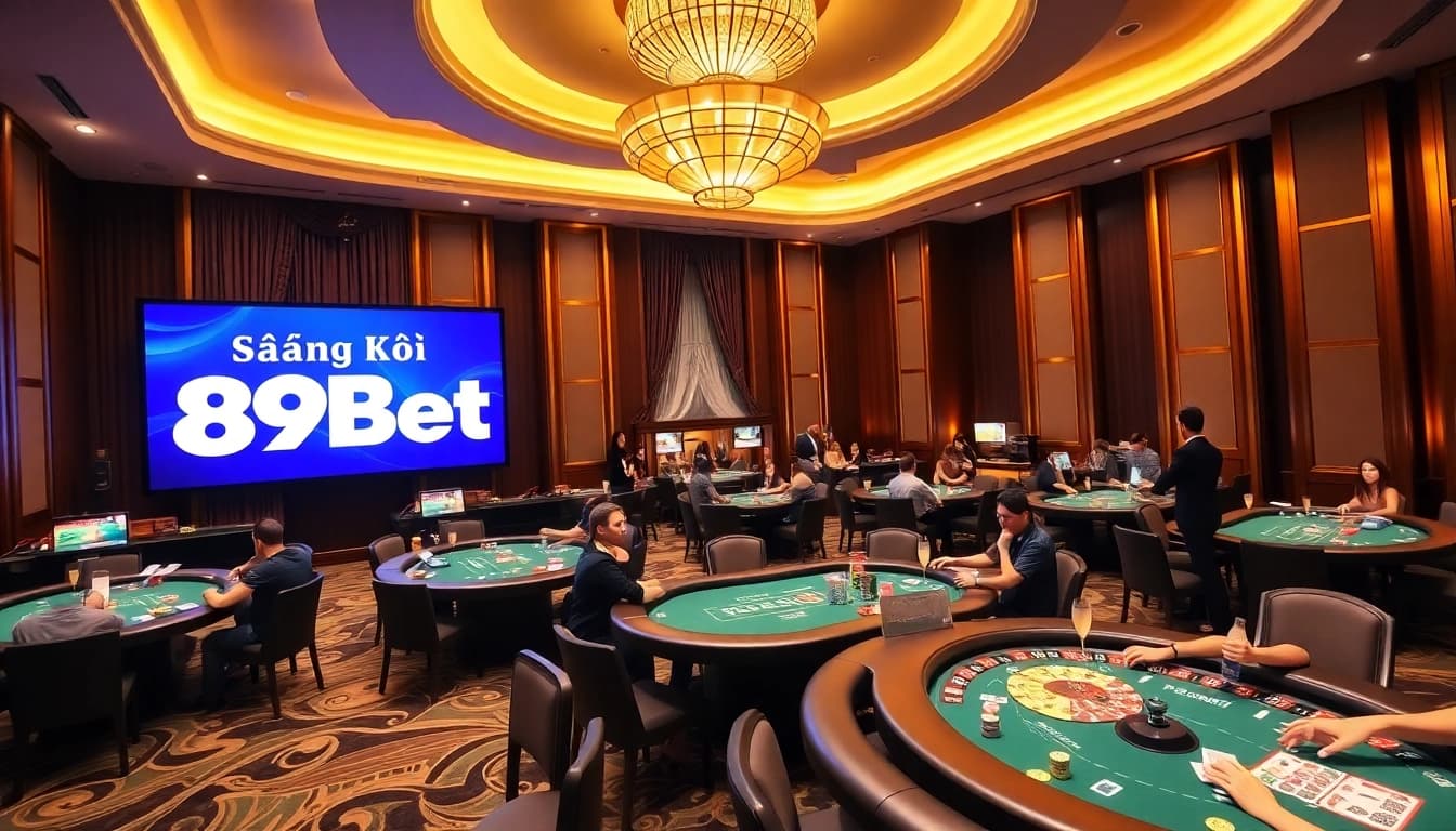 Excited players at a luxury casino engaging in games while "Đăng Ký 89Bet" promotes sign-ups.