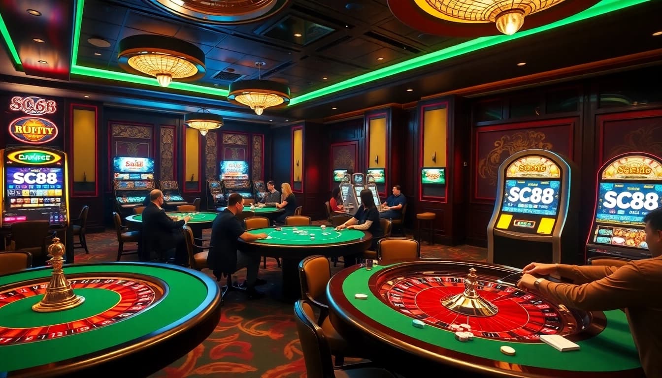 Gambling excitement at SC88 casino with lively tables and poker chips in action.