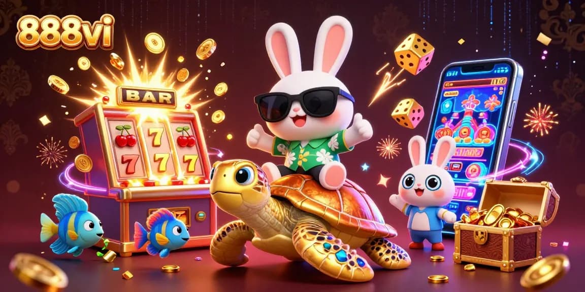 Experience the thrill of winning at 888vi with a lucky rabbit and golden sea turtle in vibrant casino magic.