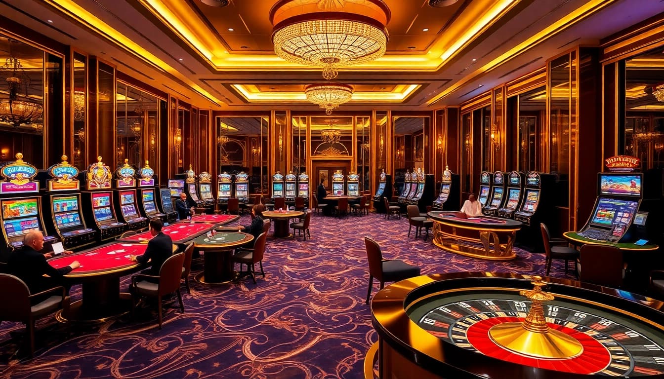S8 casino floor with vibrant slot machines and serious poker players engaging in high-stakes games.