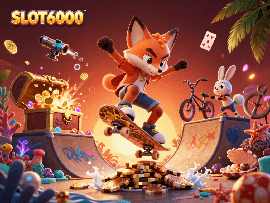 SLOT6000 offers thrilling gameplay with a vibrant cartoonish 3D scene featuring animated characters engaged in dynamic casino activities.