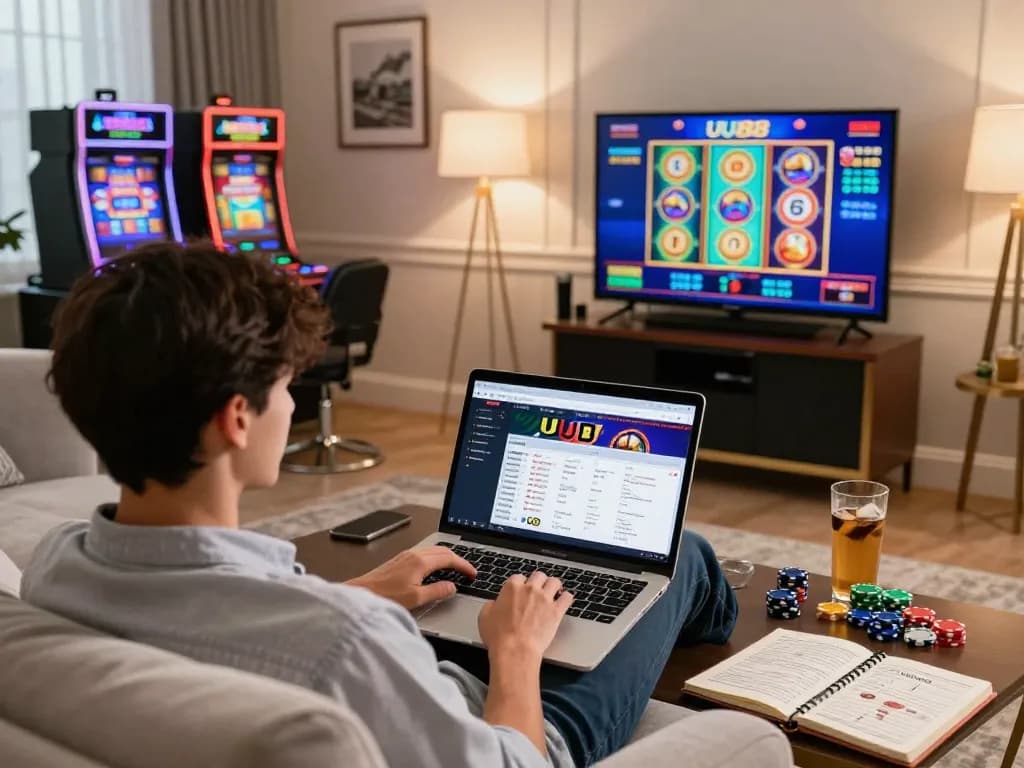 Player engaging with UU88 online casino platform in a cozy home environment, showcasing dynamic gameplay and responsible gaming.