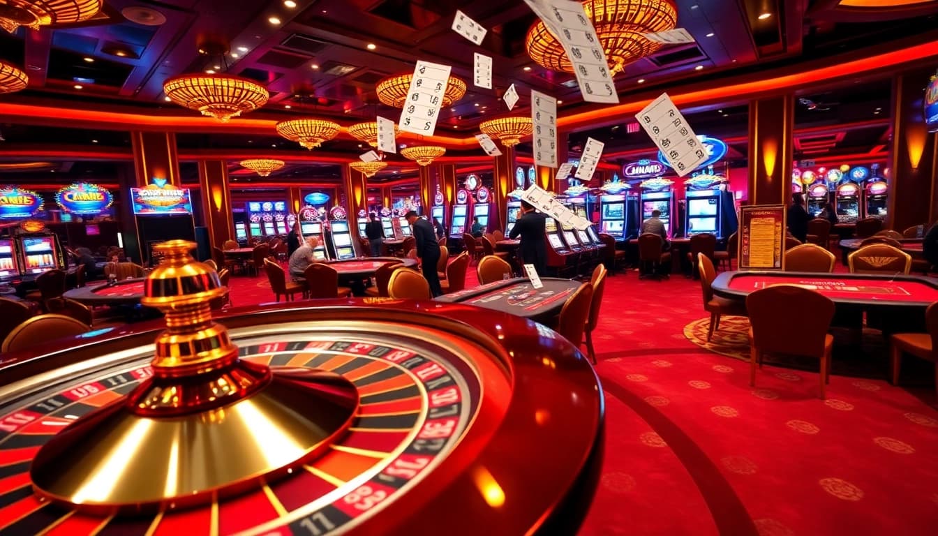 C168 casino scene with vibrant gaming atmosphere featuring roulette wheels and poker tables.