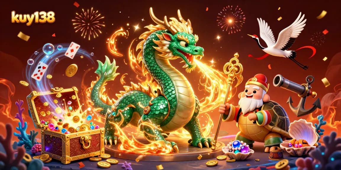 Kuy138 memberikan tenaga saat bermain game undersea dengan naga hijau, kura-kura bijak, dan bangau keberuntungan.