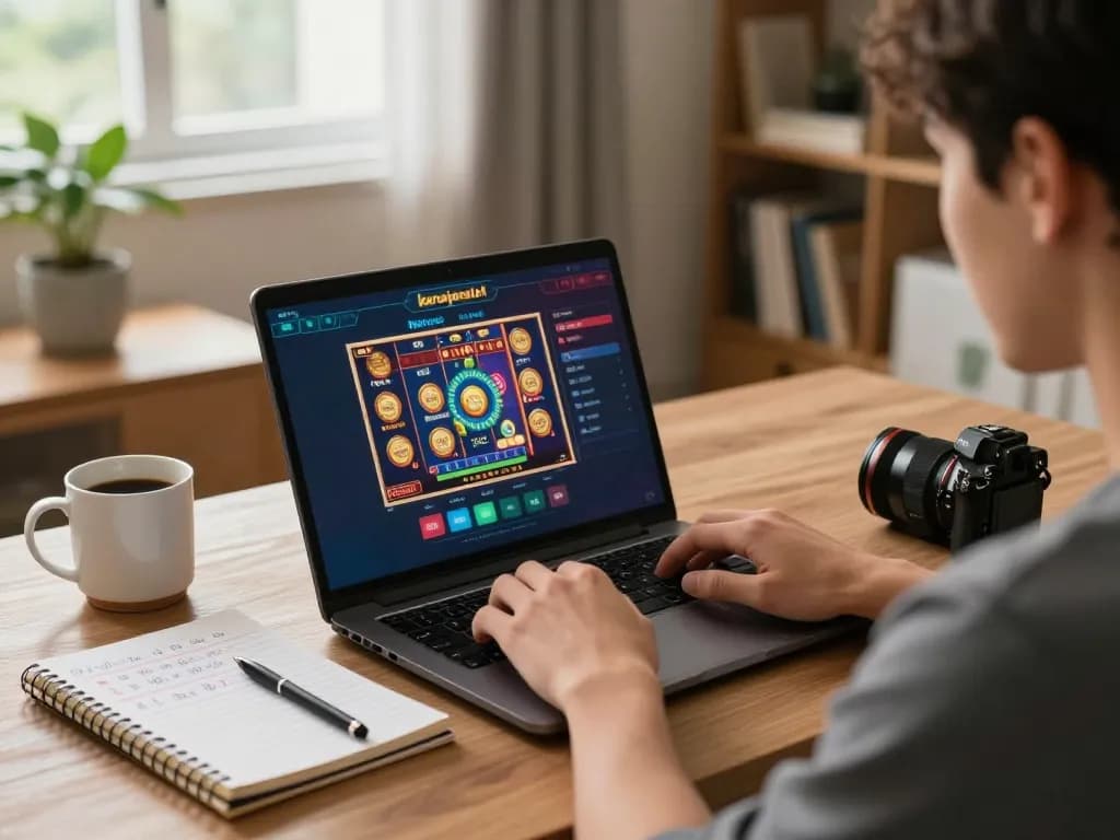 Engaging online gaming experience with kerajaanslot displayed on a laptop screen in cozy home setting.