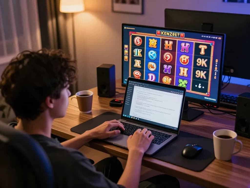 Engaging in Kenzobet login while exploring vibrant online slot games from a cozy home setup.