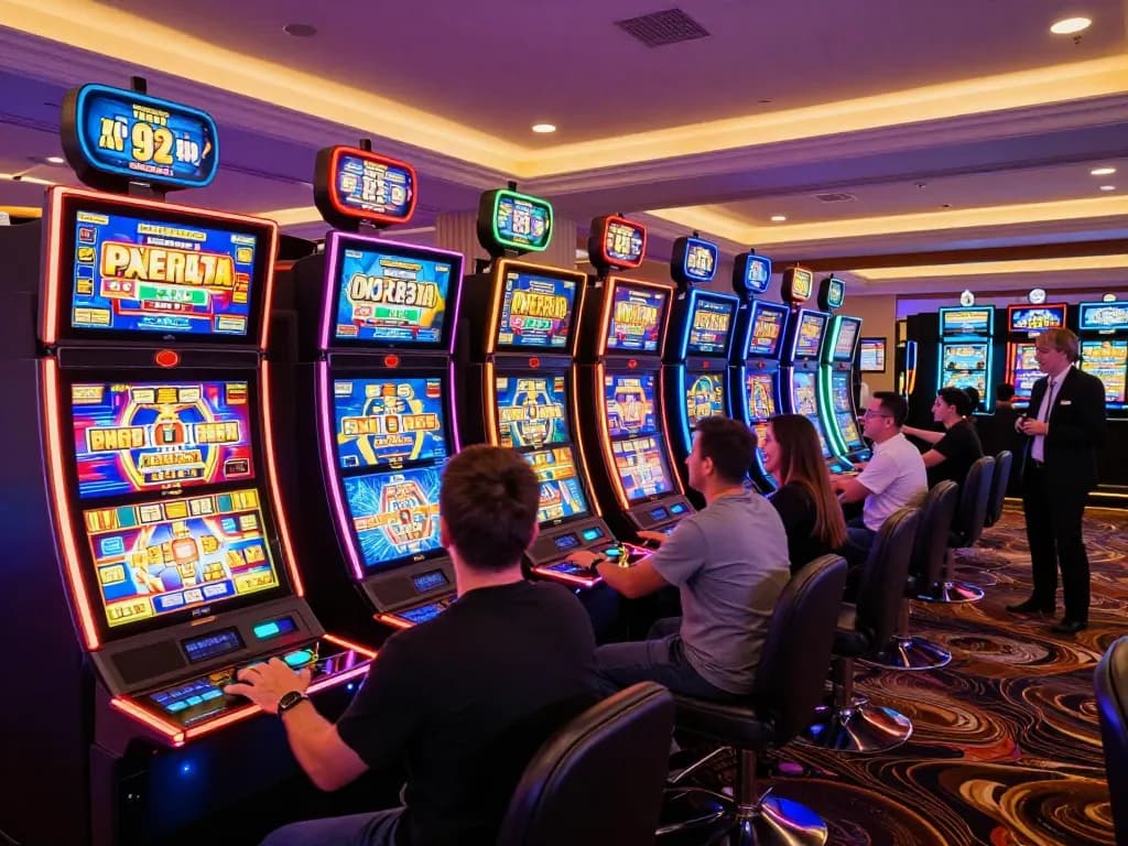 Players enjoying slot thailand games at a vibrant casino, celebrating wins with excitement.