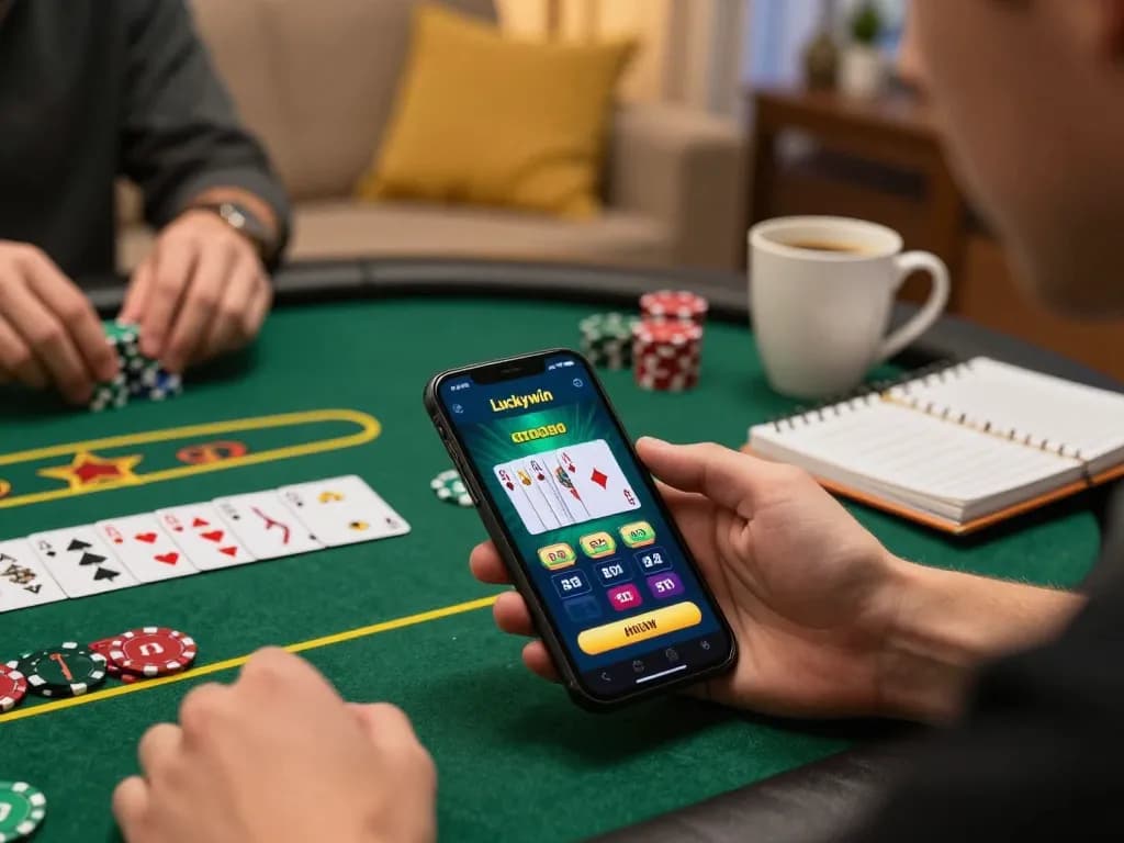 Playing poker on the Luckywin app, highlighting exciting online gaming experience.