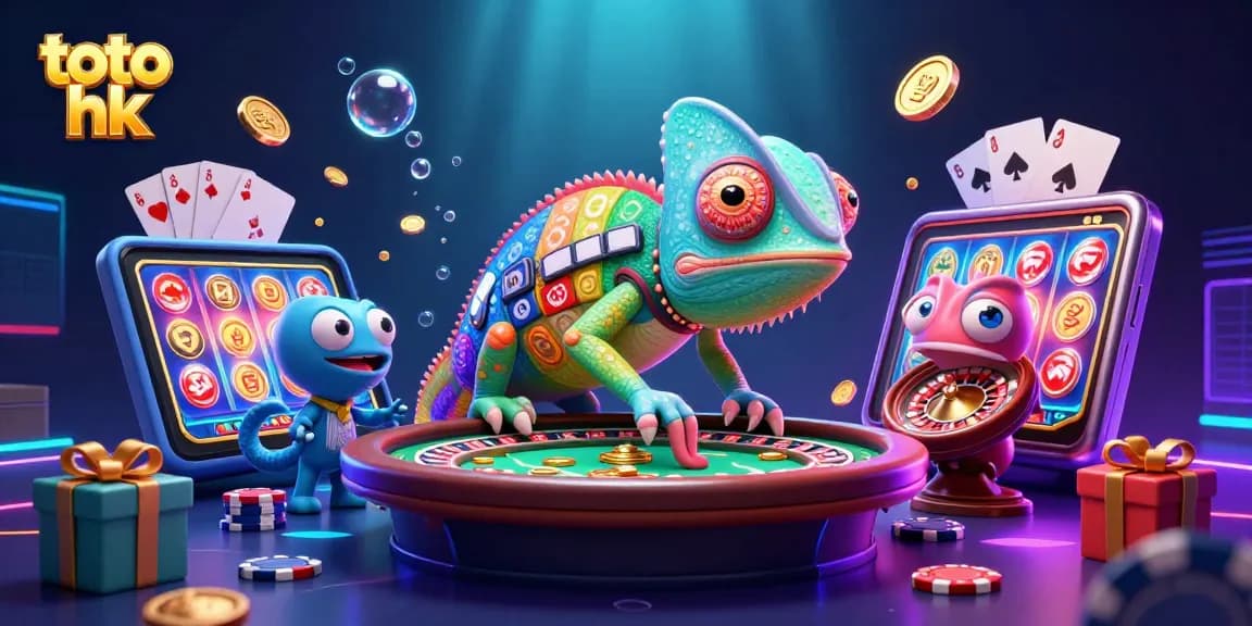 Menangkan permainan toto hk dengan koin emas melayang dan chameleon kasino berwarna-warni.