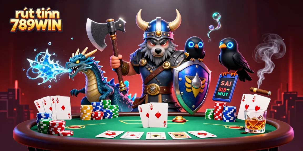 Engage in rút tiền 789WIN with a dynamic scene featuring Viking warrior, dragon, and poker elements