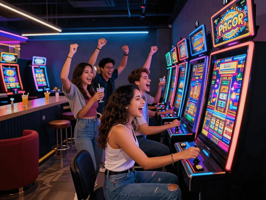 Slot Gacor dalam suasana permainan dengan teman-teman merayakan kemenangan di lounge modern.