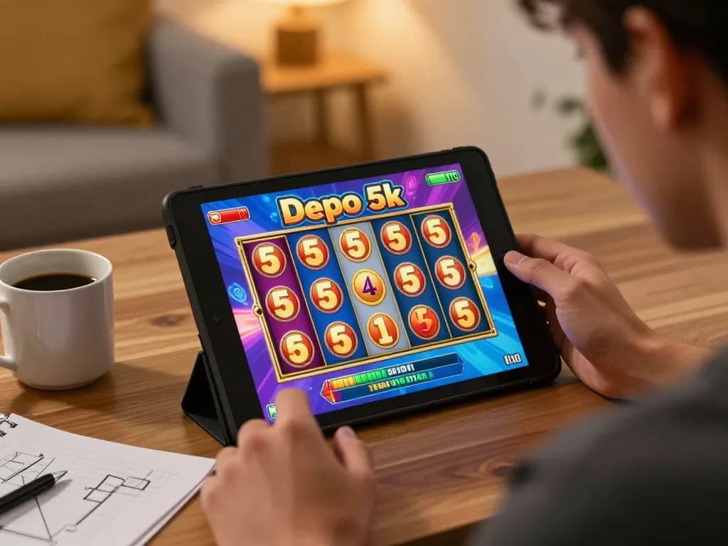 Experience slot depo 5k with vibrant online gaming on a tablet in a cozy setting.