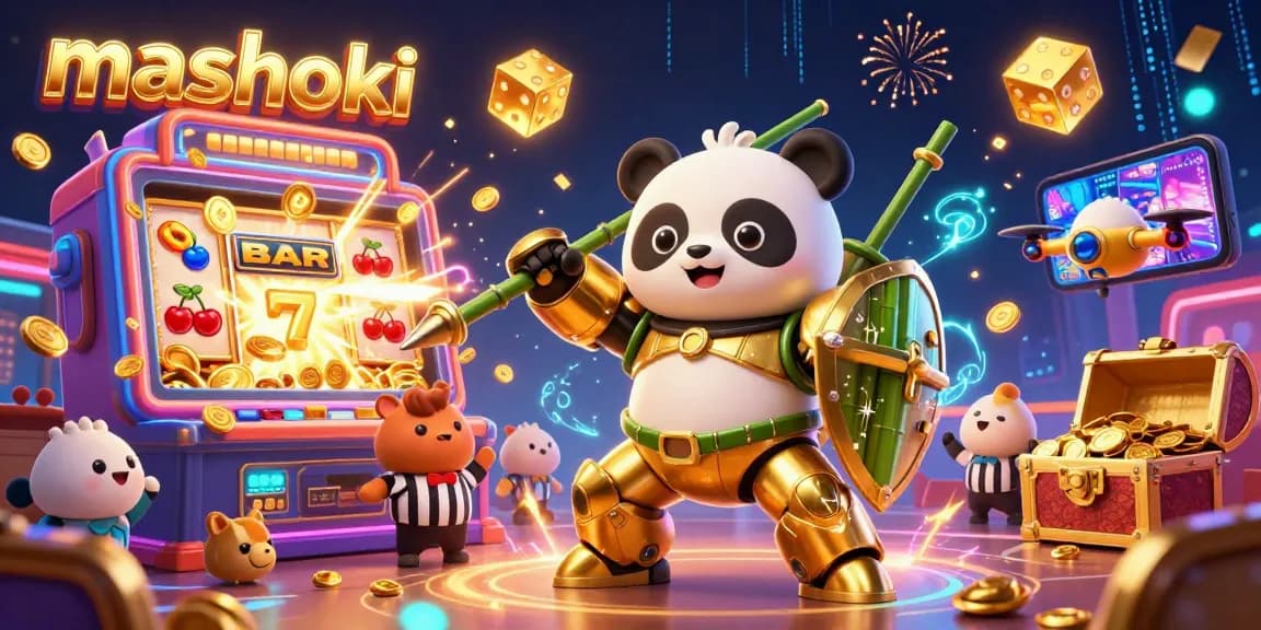 Mashoki offers an electrifying casino experience with dynamic slot machine action, featuring golden panda characters.