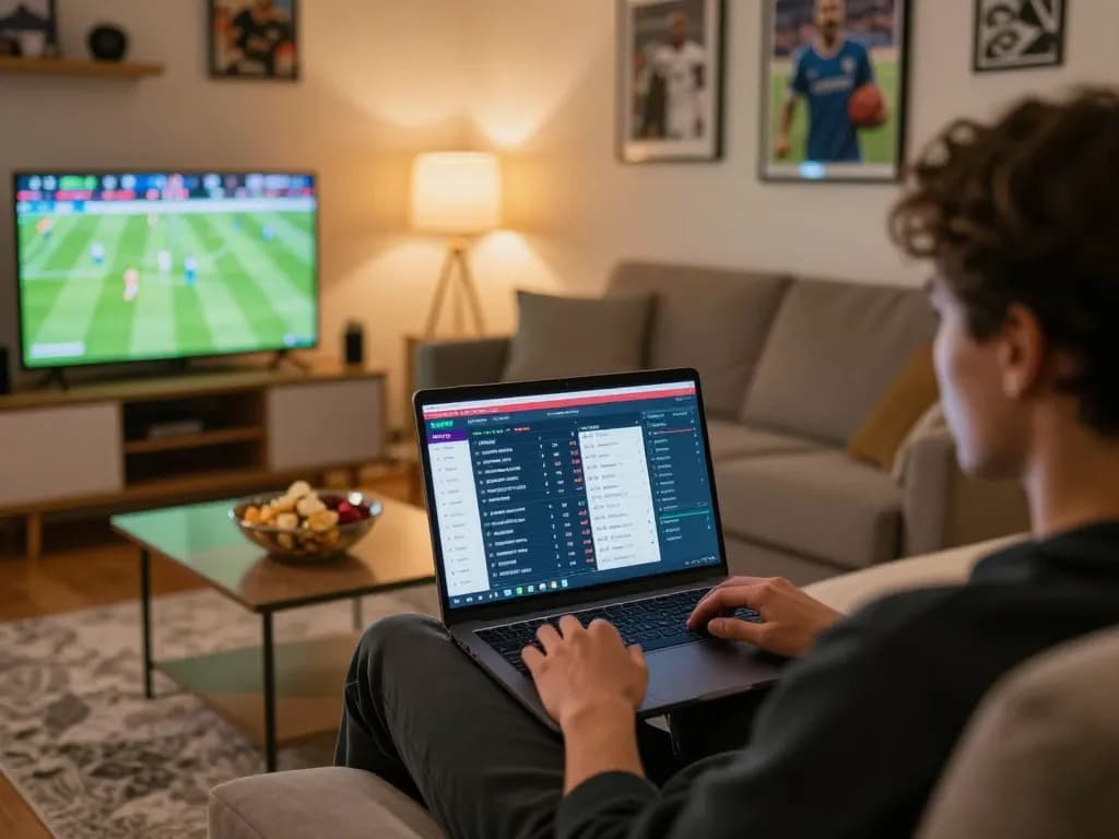 Kuwin user placing strategic bets on a laptop in a cozy home sports betting environment