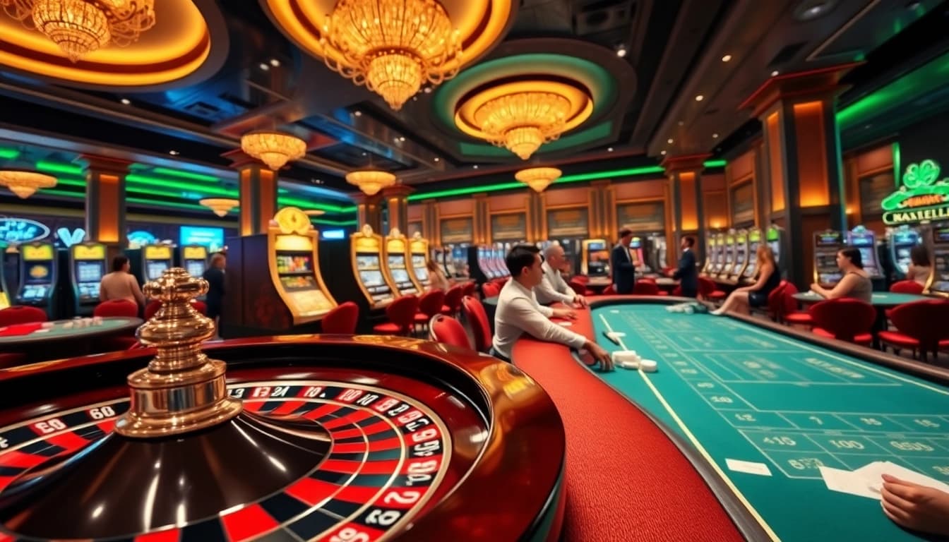 Exciting gaming scene at 789fclub showing players at poker tables and roulette wheel.
