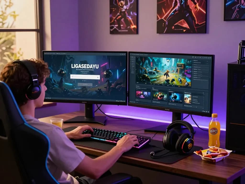 Experience ligasedayu login in a vibrant gaming setup with dual monitors and dynamic lighting.