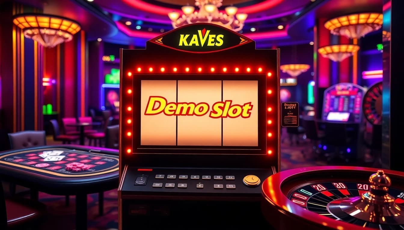 Engage in an exciting demo slot experience with a stunning modern slot machine in a vibrant casino atmosphere.