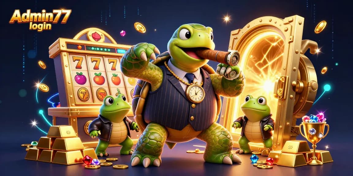 Engage with Admin77 login in a vibrant cartoon casino scene featuring a turtle mobster and frog enforcers.