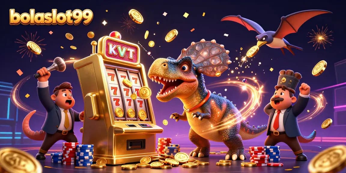 bolaslot99 showcases a pachycephalosaurus hitting a slot machine, capturing jackpot excitement
