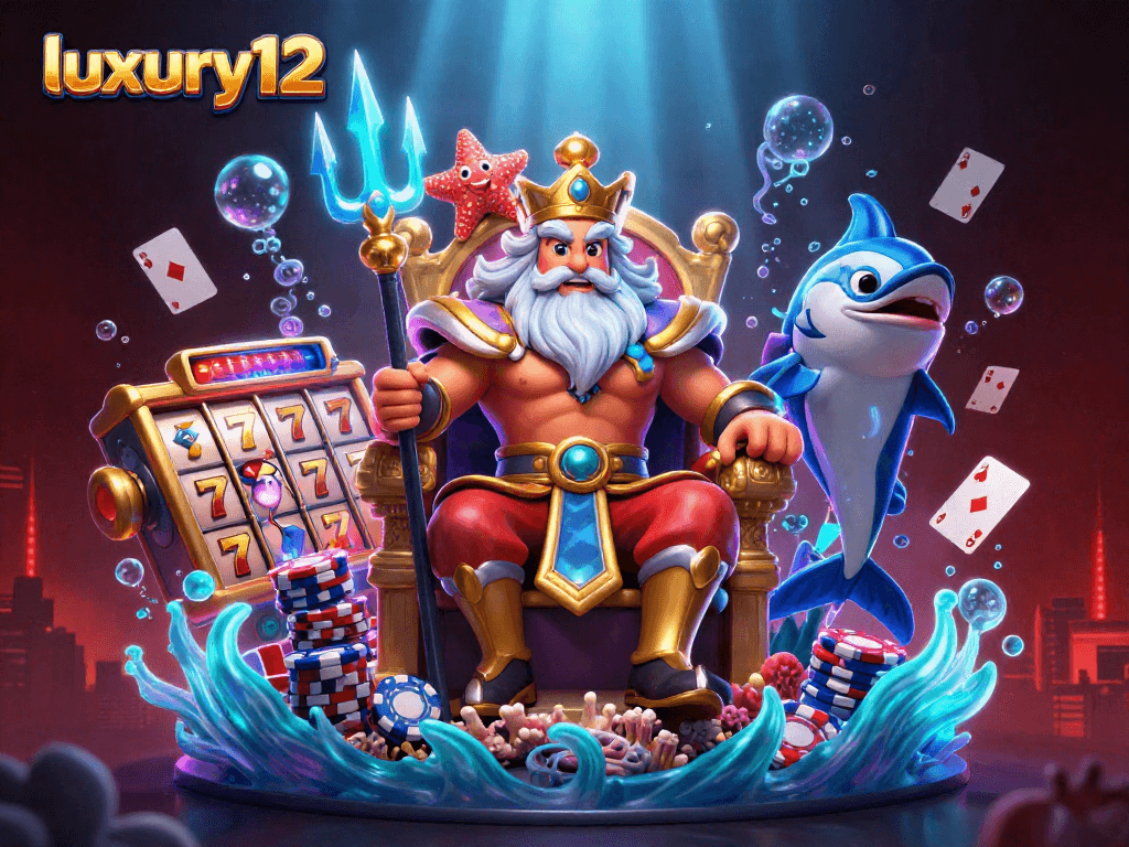 Experience luxury12's vibrant online casino journey with Neptune and gaming elements in a dynamic 3D scene.
