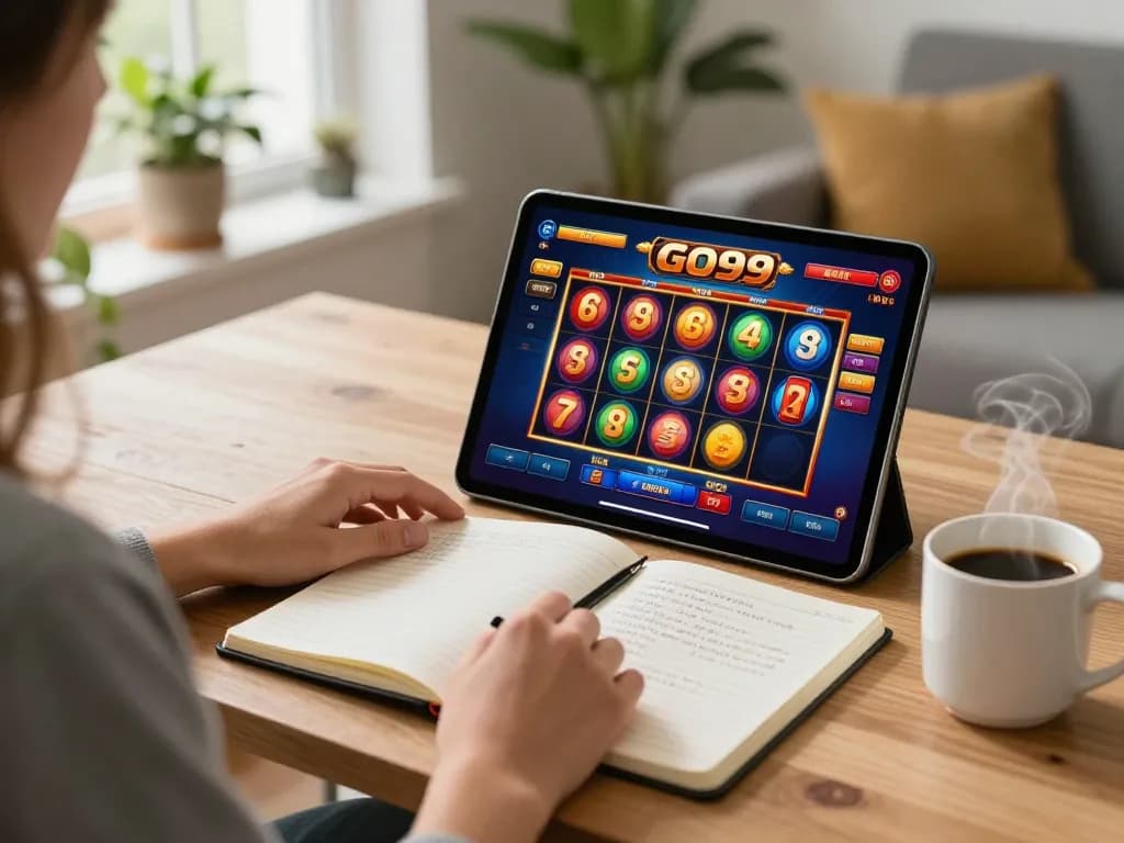 Engaging gaming experience on GO99 with slots interface displayed on tablet in cozy home setting