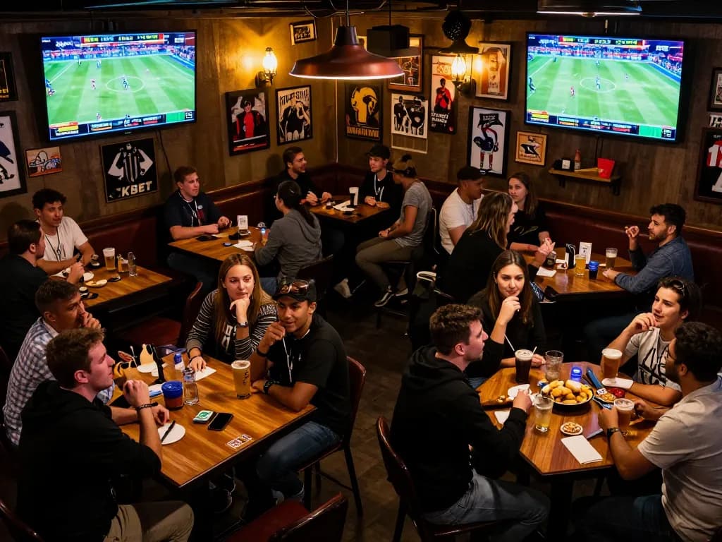 Sports enthusiasts placing bets on 8KBET while enjoying live games in a lively sports bar atmosphere.